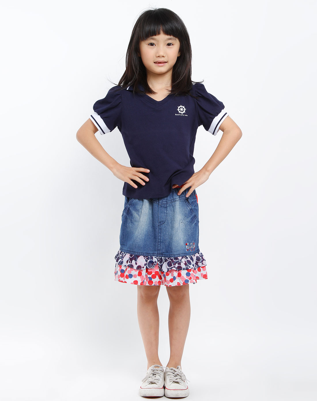 小猪噜噜<em>女童</em>藏青/<em>白色</em>翻领时尚短袖<em>上衣</em>9005