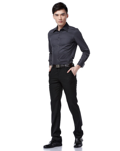 男款深灰色低调大方长袖衬衫