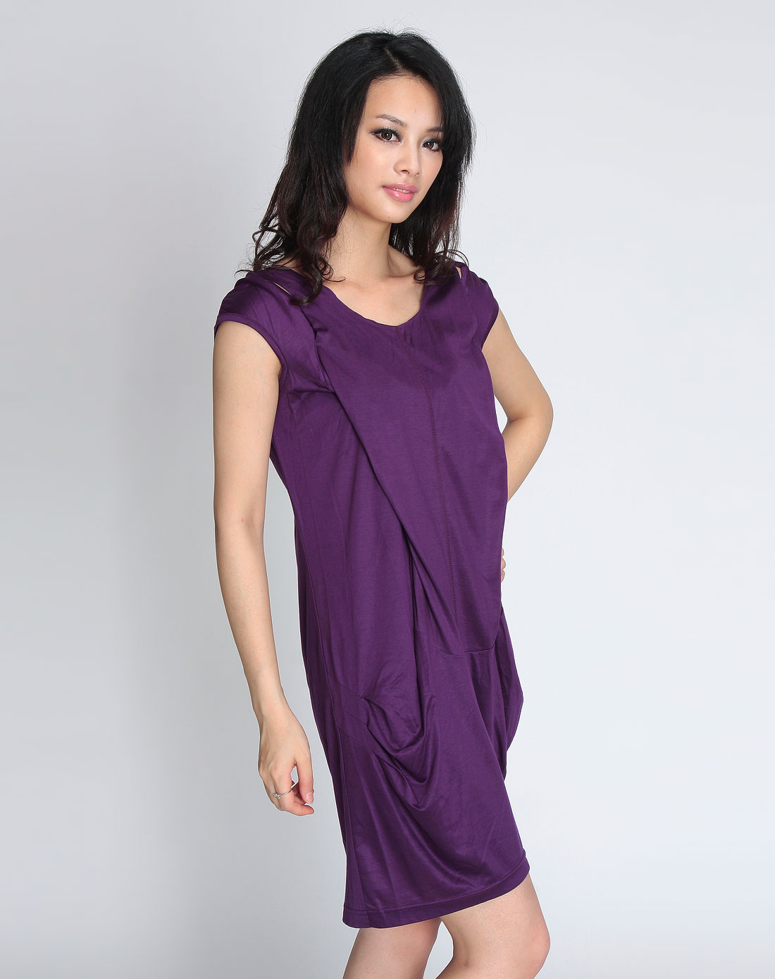 x-moom紫色真丝短袖连衣裙hgaicb371410