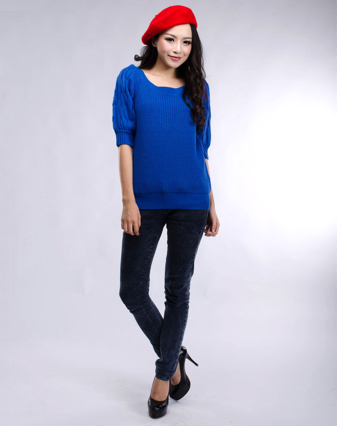 azino-<em>宝蓝色</em>圆领元宝针中<em>长款毛衣</em>2a0872