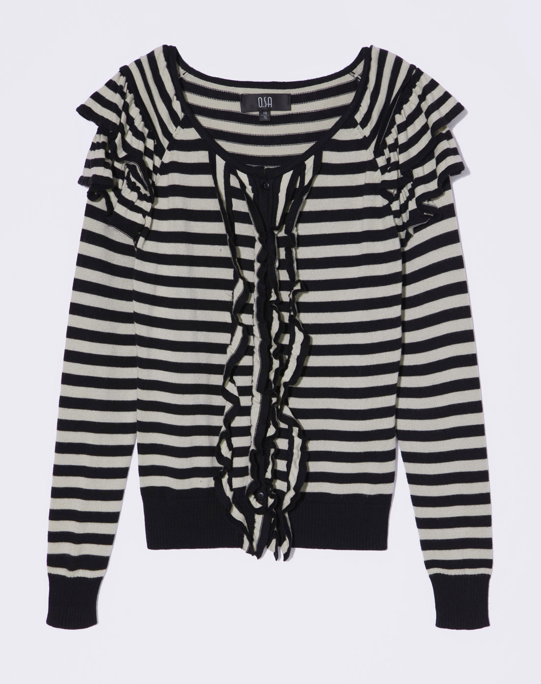 sa黑色<em>横条纹</em>荷叶边<em>开衫</em>sh215801000a