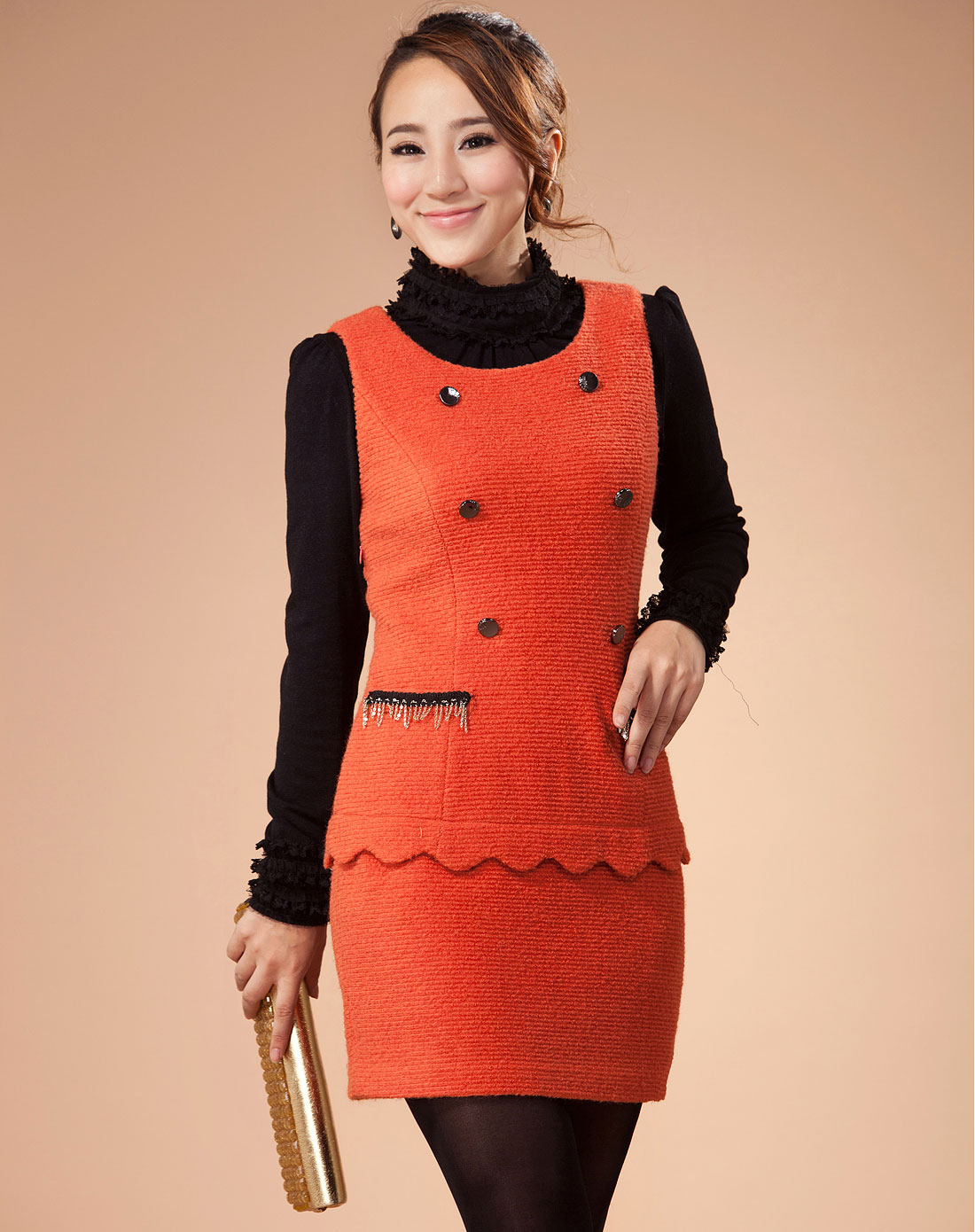 衣香<em>丽影女装</em>专场-橘红色优雅长袖连衣裙