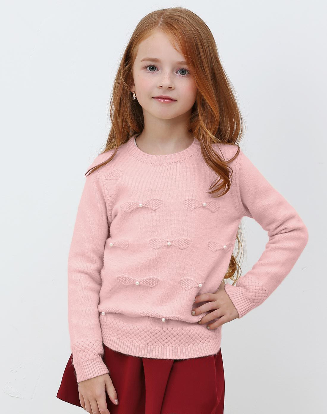 未来之星旗下品牌女童粉红珍珠圆领毛衣WG5