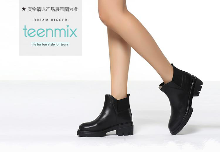 天美意teenmix女鞋专场 2016冬季新品黑色牛皮粗跟女短靴