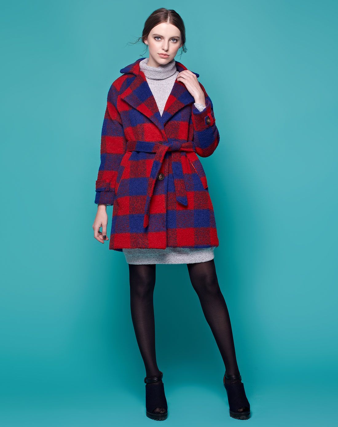 UGOCCAM红蓝格子呢料大衣ADS003571