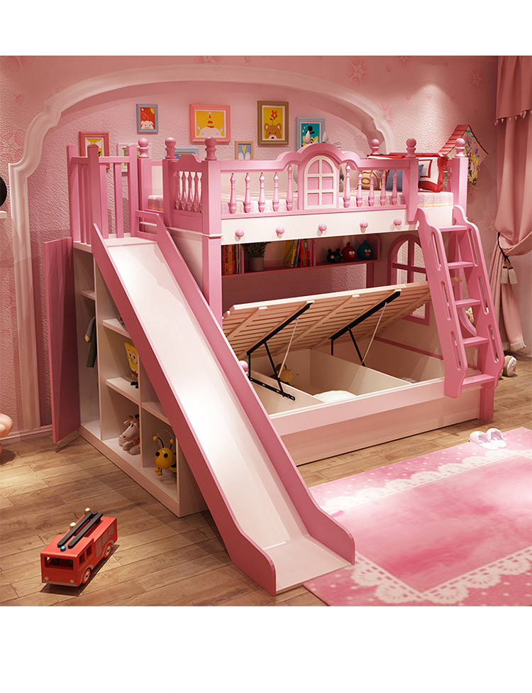 实木两层儿童公主房上下床双层床上下铺木床高低子母床城堡床滑梯