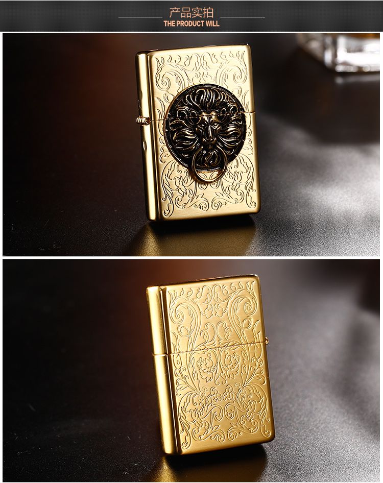 zippo 金色狮头门环-双面雕刻1937复刻机