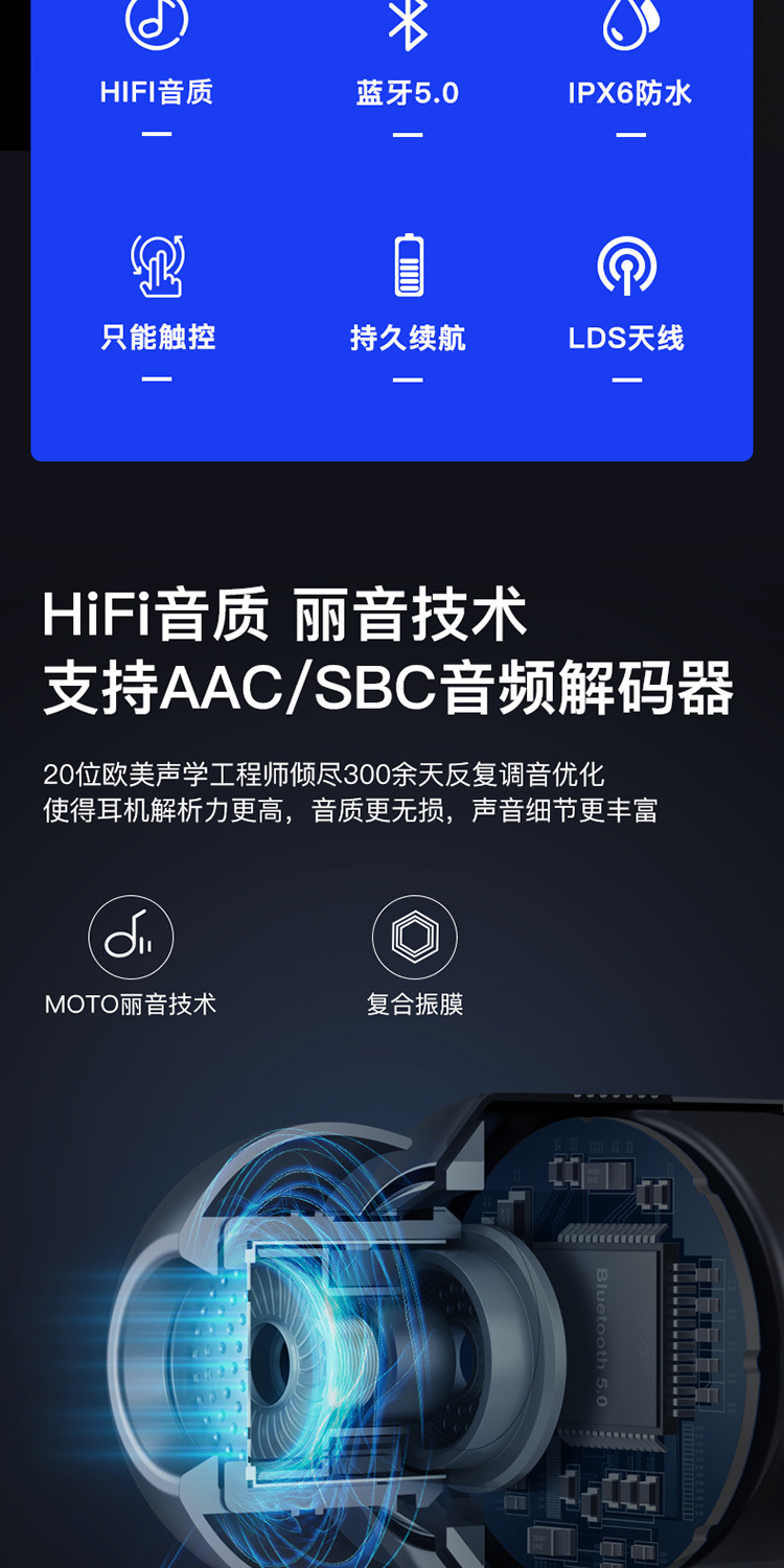 摩托罗拉双耳真无线蓝牙耳机入耳式重低音游戏vb400