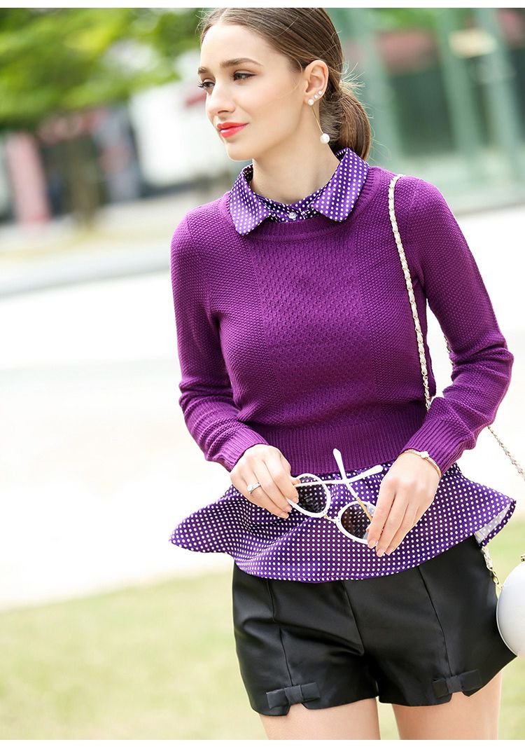 深紫色短款假两件波点荷叶边针织毛衣