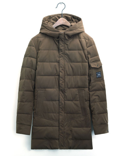 布衣传说茶咖色时尚袖子贴标长款连帽休闲棉衣