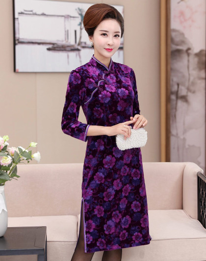 女款紫色古典旗袍盘扣修身丝绒连衣裙