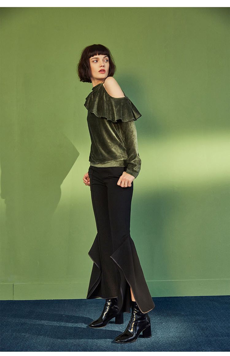 两三事荷叶边露肩套头衬衫军绿色16FWC054