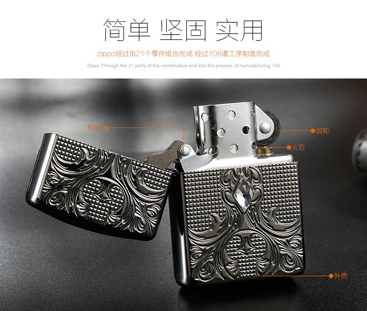 品牌名称: zippo 商品名称: 轴对称花纹-深雕盔甲户外防风煤油打火机