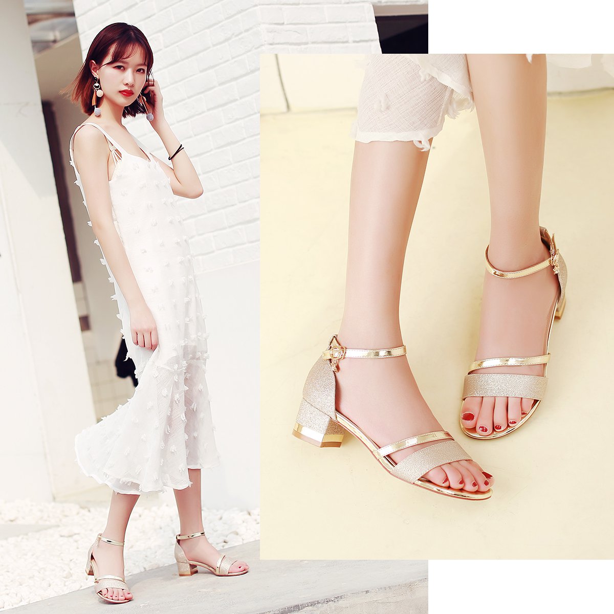 2018夏季新品【磨砂金属色】女凉鞋女鞋女士凉鞋优雅一字带凉鞋高跟鞋