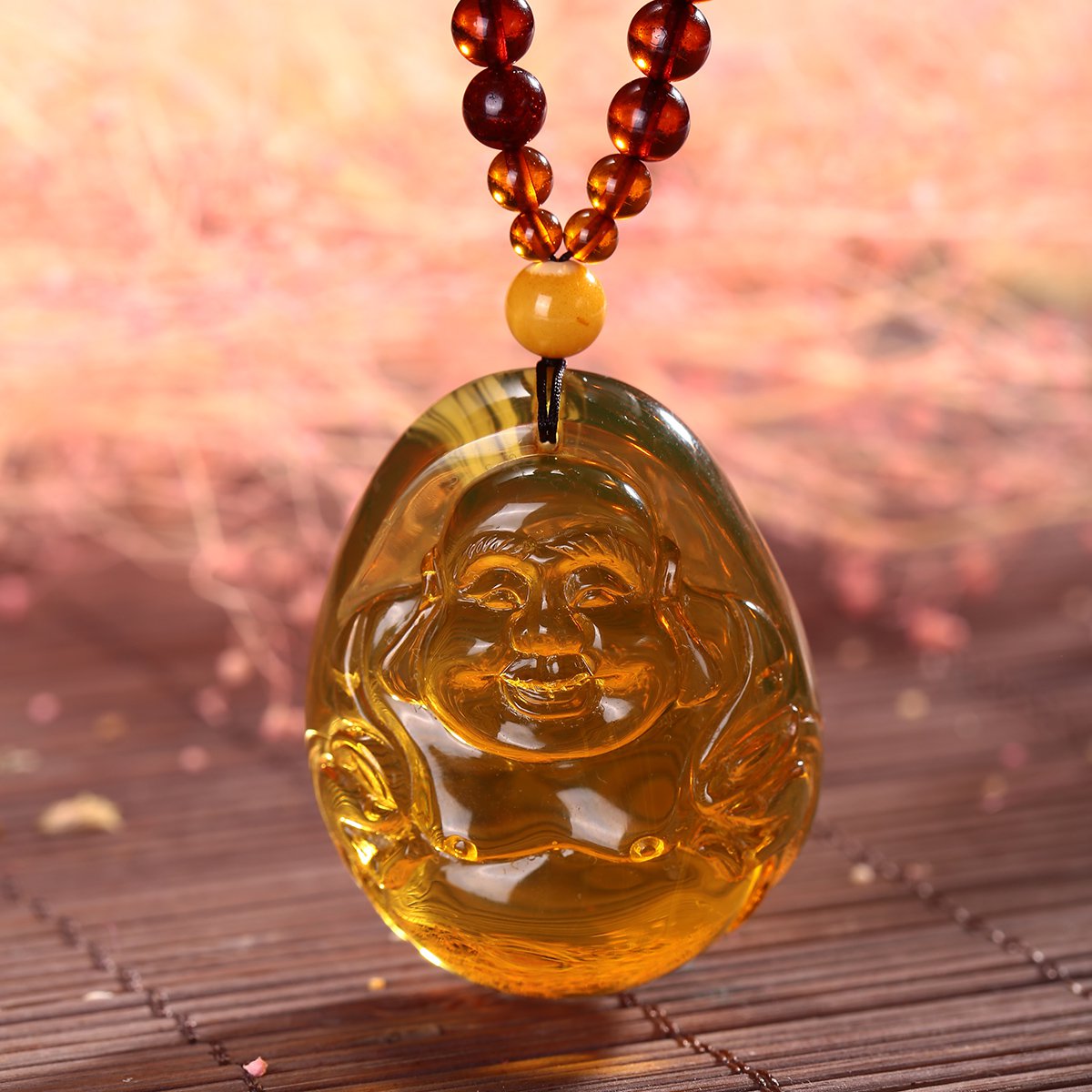 爱华尚[佛佑一生]天然琥珀吊坠精雕项链 "佛光普照"蓝珀笑佛项链 男女