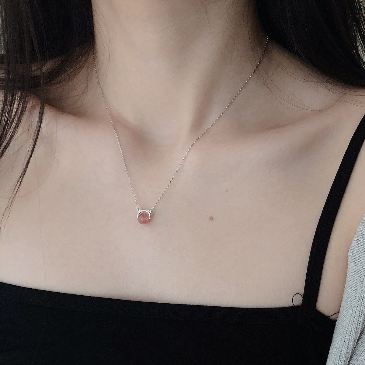 女友礼物可爱风女士草莓晶925银猫咪项链锁骨链