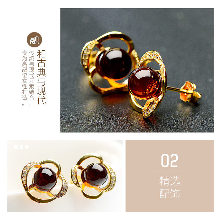 【品牌特卖】925银镶花开四季血珀琥珀耳钉/带证书