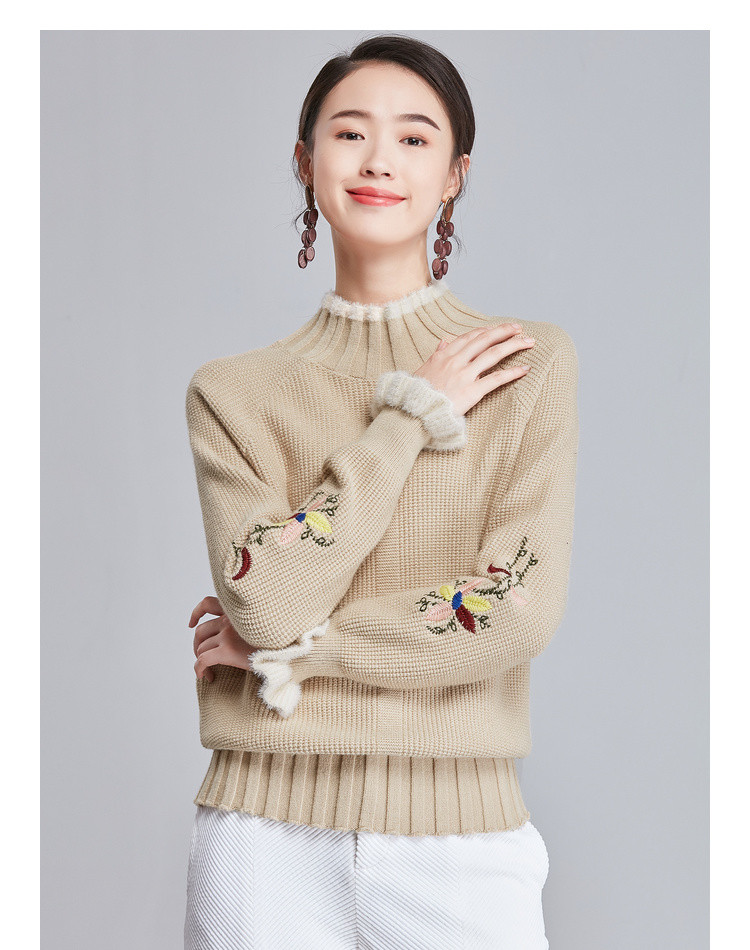冬季清新绣花休闲上衣时尚女装针织衫韩版半高领套头宽松女款毛衣