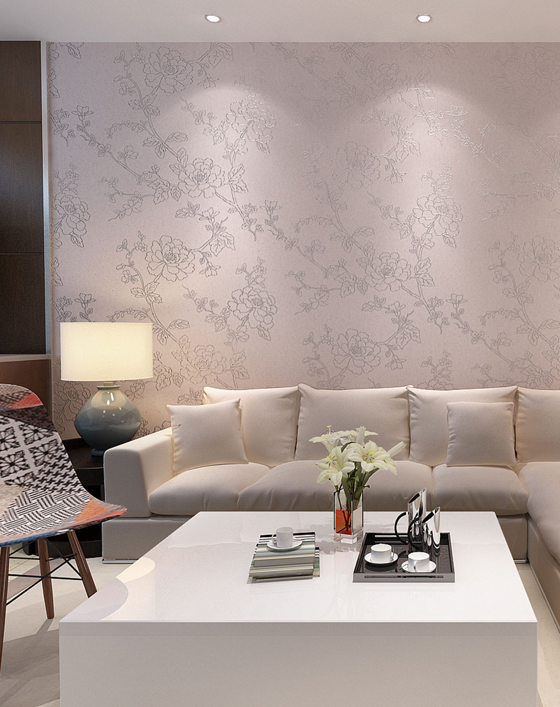 沙发背景墙采用壁纸的设计，在搭配上暖白风格的家具，没有过多的造型，也能显示欧式的元素。-家居美图_装一网装修效果图