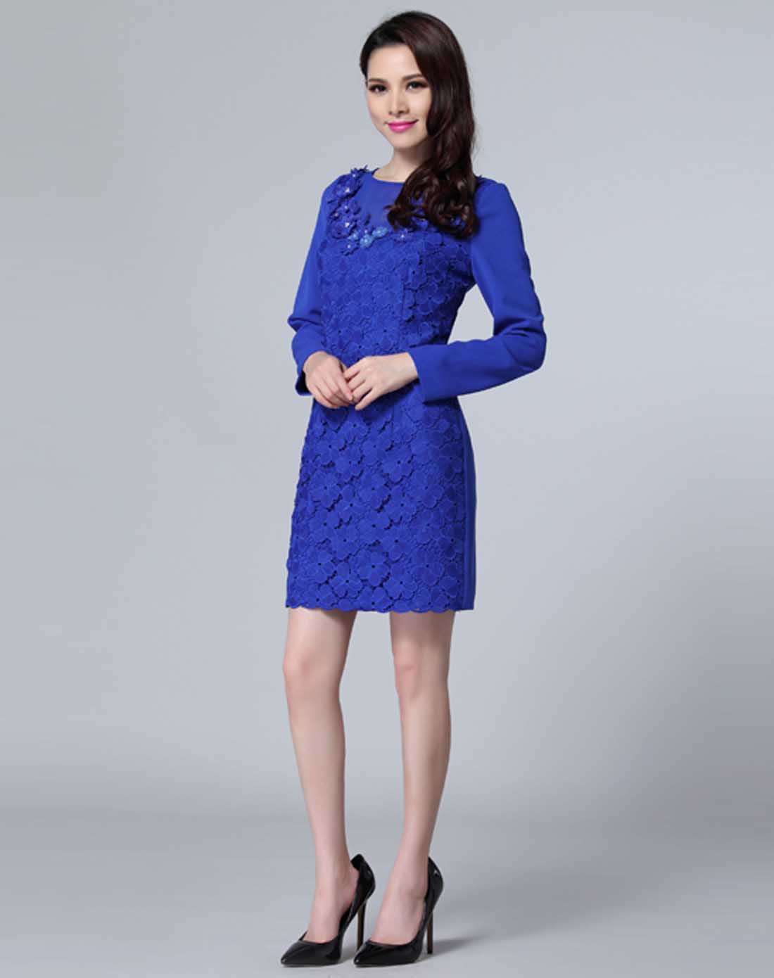 深蓝色长袖简约时尚优雅连衣裙