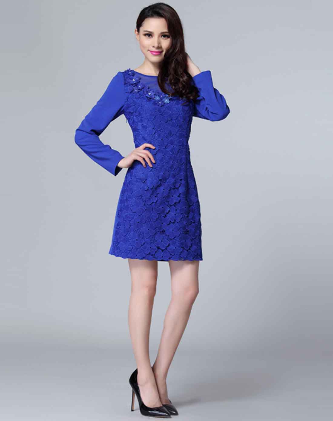 深蓝色长袖简约时尚优雅连衣裙