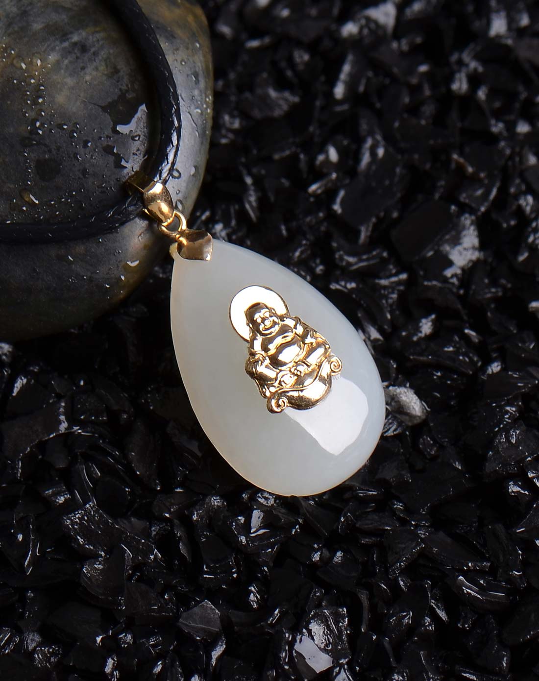 女款青白和田玉金镶弥勒吊坠(附证书)