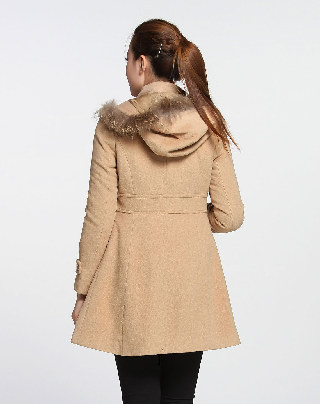 连帽大方成熟浅米驼色长袖大衣