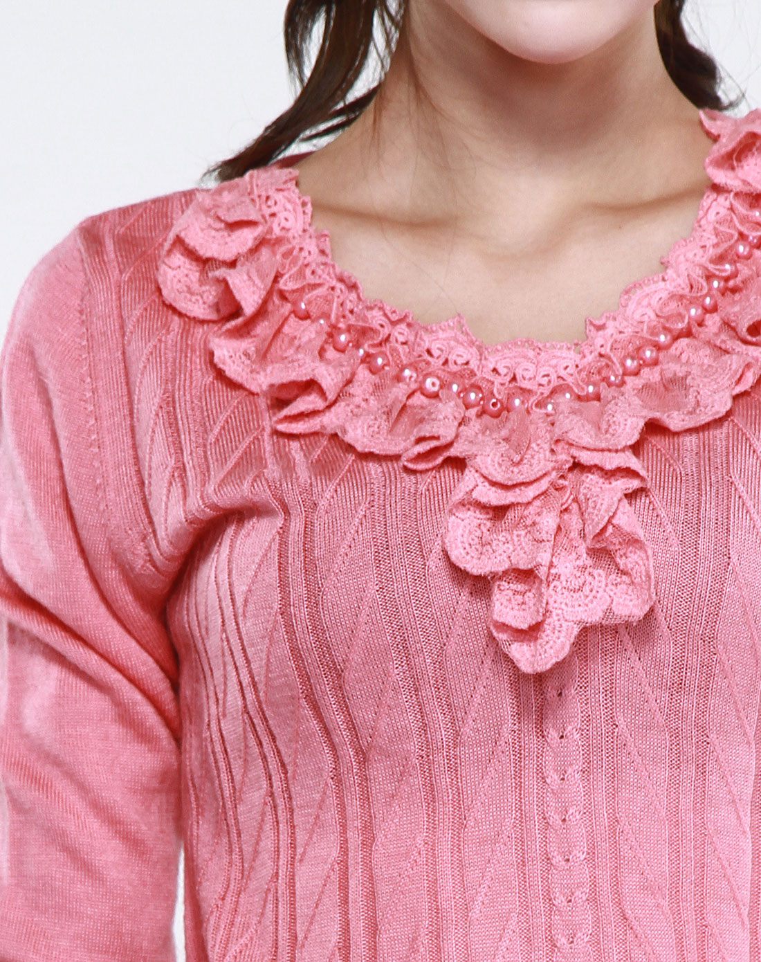 深粉色舒适镶珠绣花拼接长袖毛衣