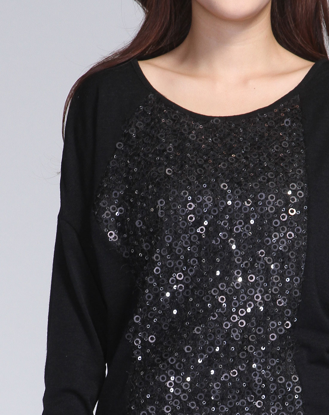 黑色亮片长袖长款针织衫