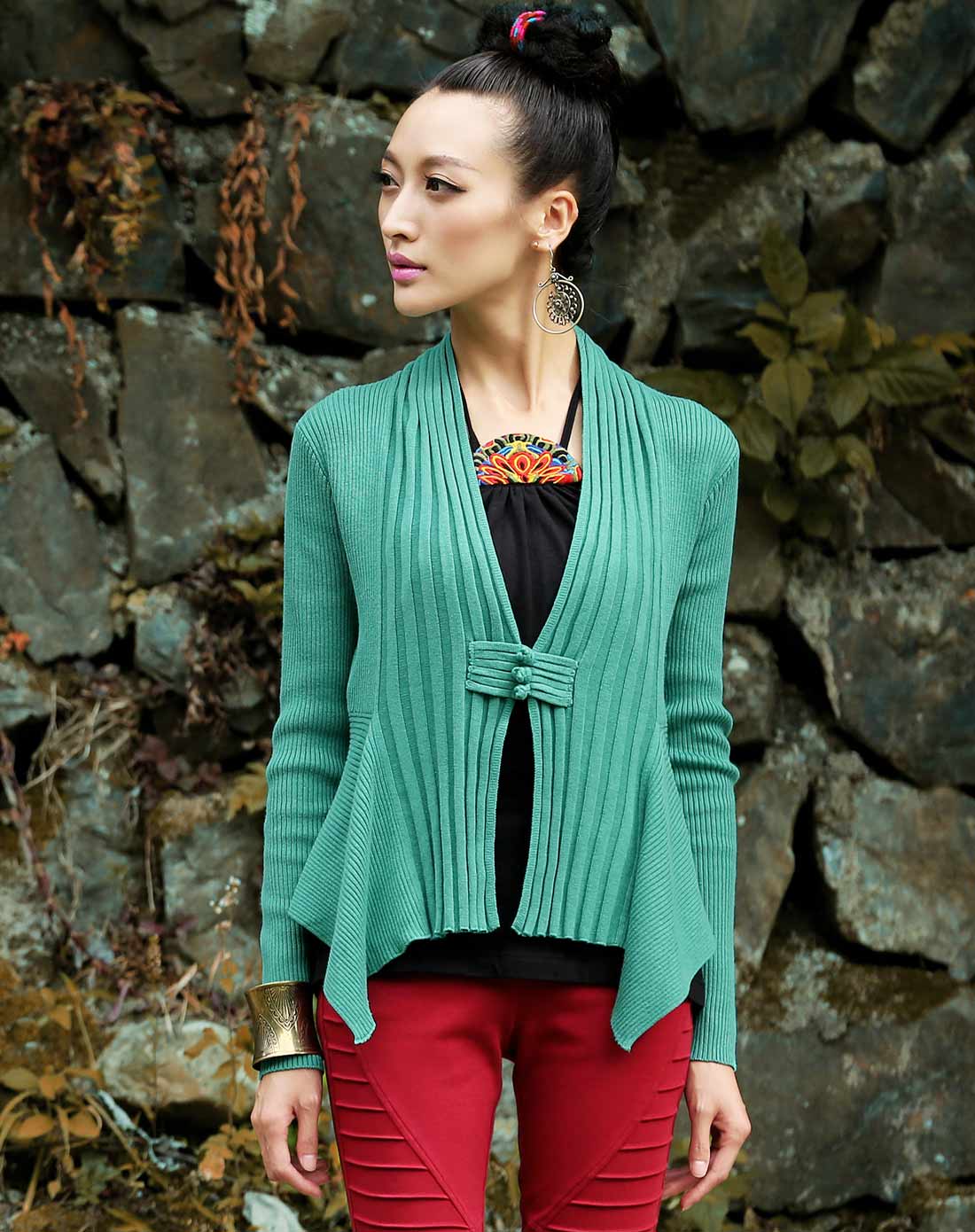 裂帛女装专场-蓝色盘扣罗纹针织衫