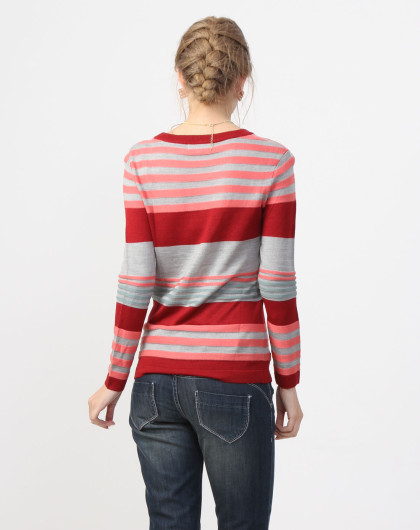 时尚间条红灰色休闲长袖针织衫