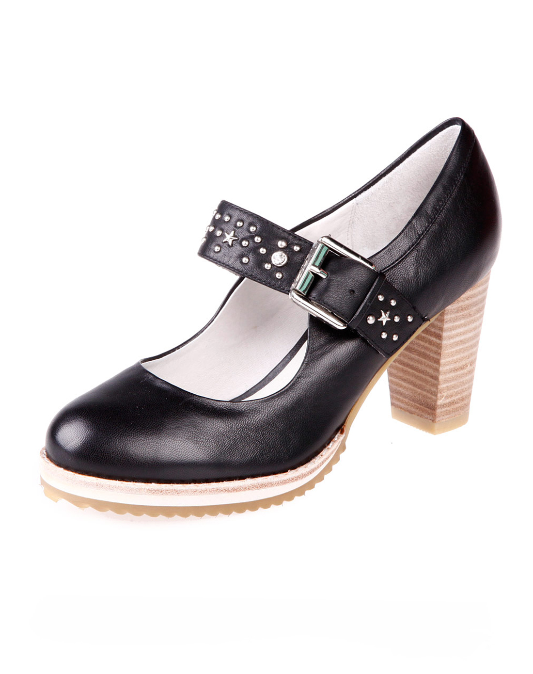 banner集团品牌女鞋太阳舞 黑色羊皮铆钉搭扣单鞋s2121307c01_唯品会