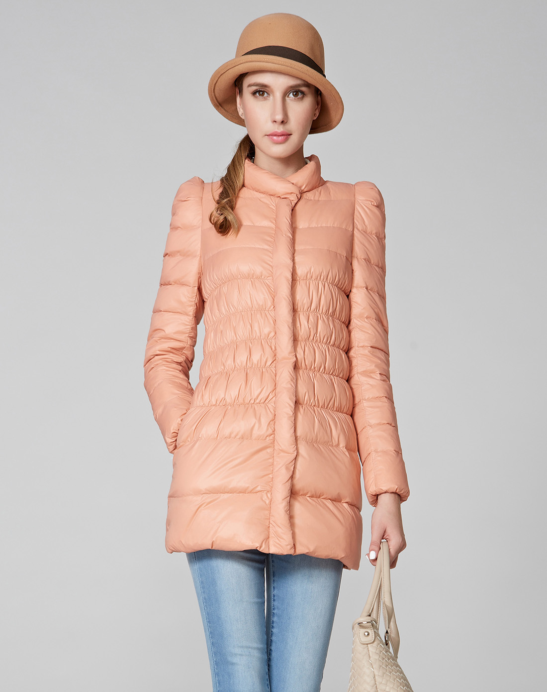 osa肉粉色修身加厚中长款羽绒服sy310224300a_唯品会