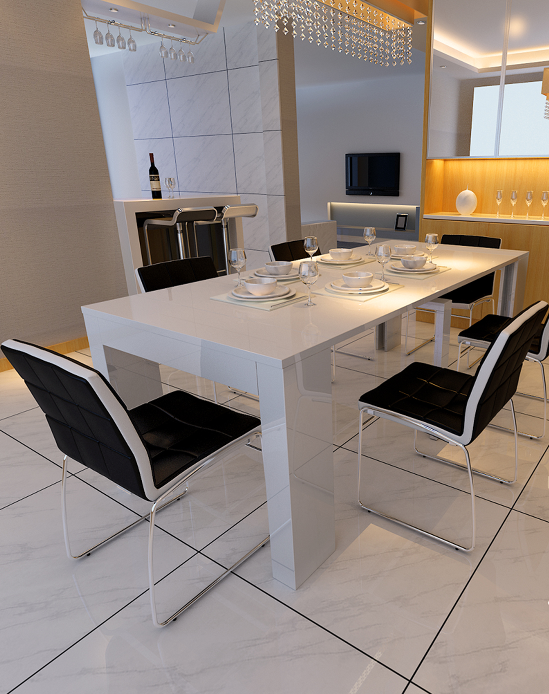 钢琴烤漆小户型伸缩餐桌白色1.85m不含餐椅