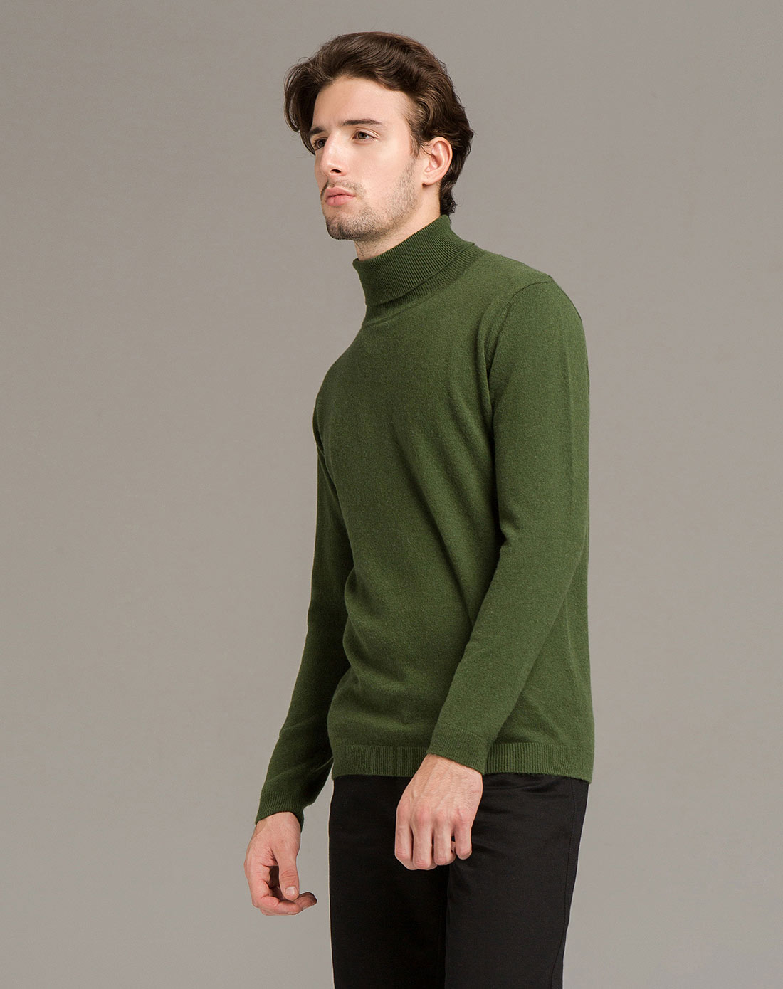 男款茶绿色高领100%山羊绒长袖毛衫