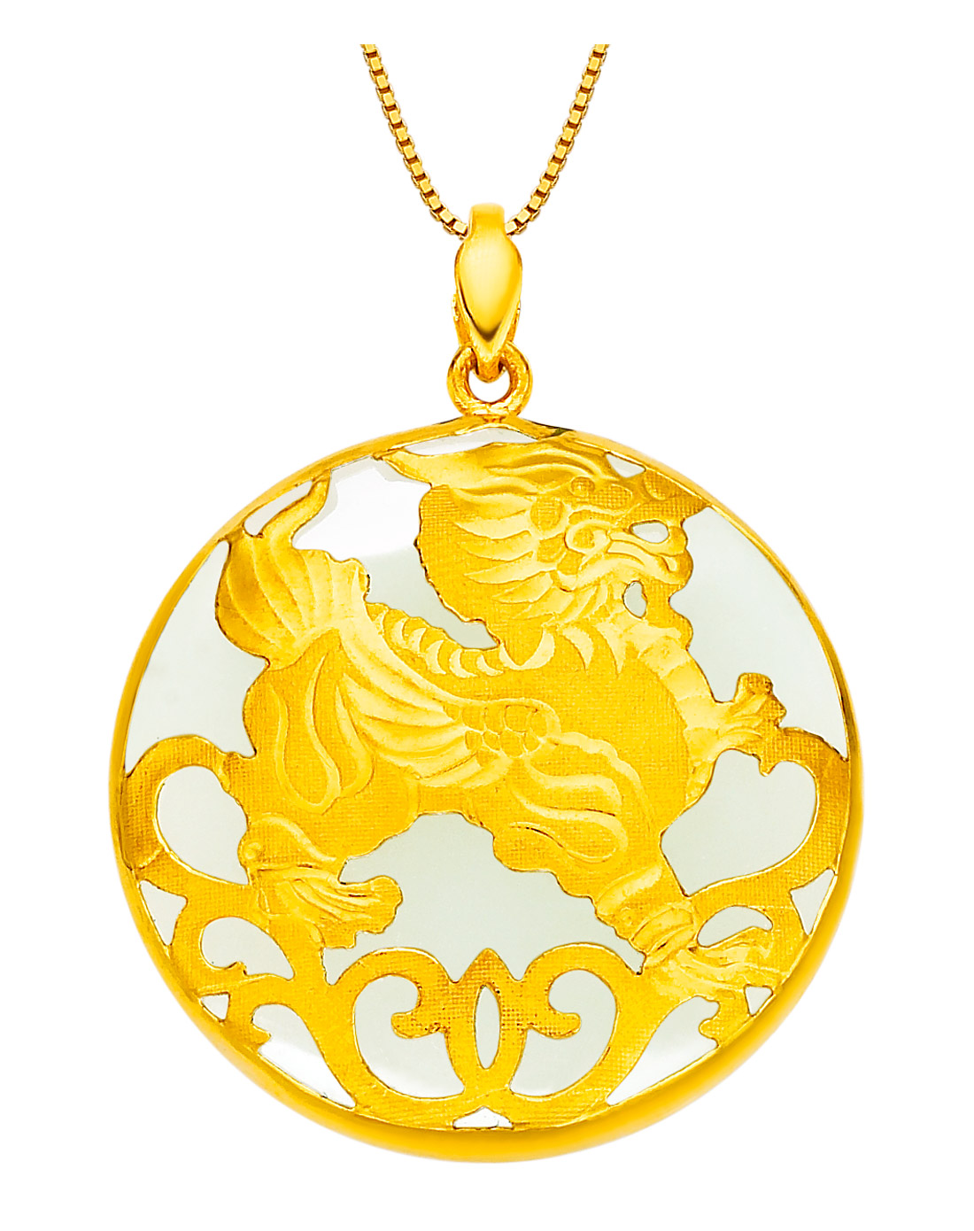 千足金镶和田玉吊坠崔旺财运-麒麟送福(赠送金色银链)