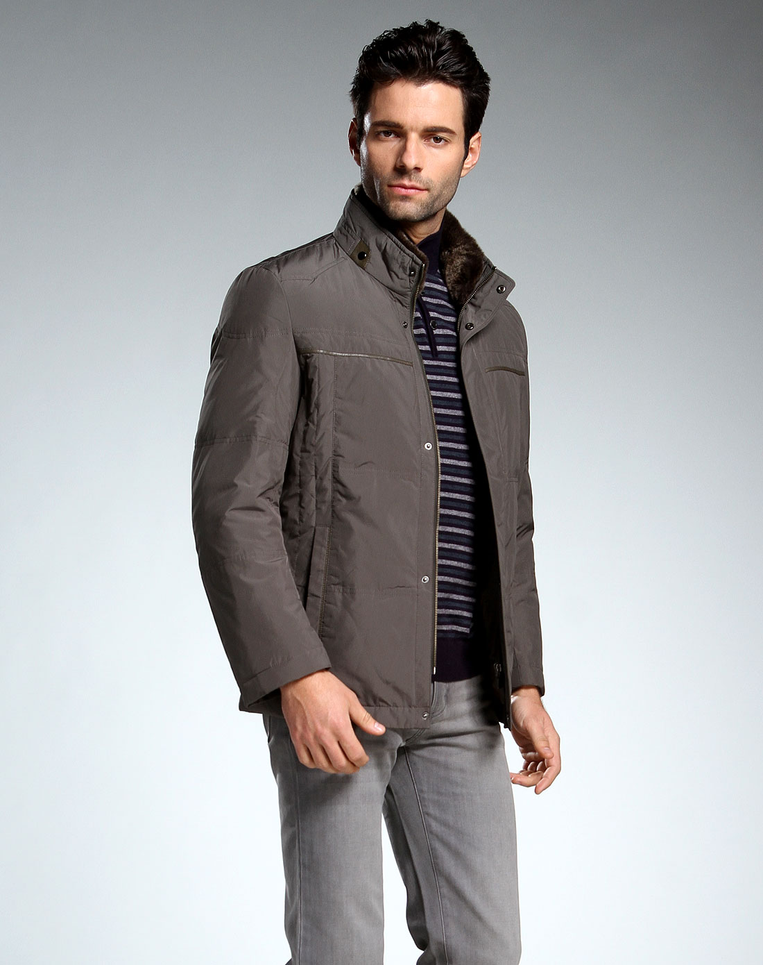 博斯绅威bosssunwen男装外套专场卡其色帅气毛领长袖羽绒服bwyr11602