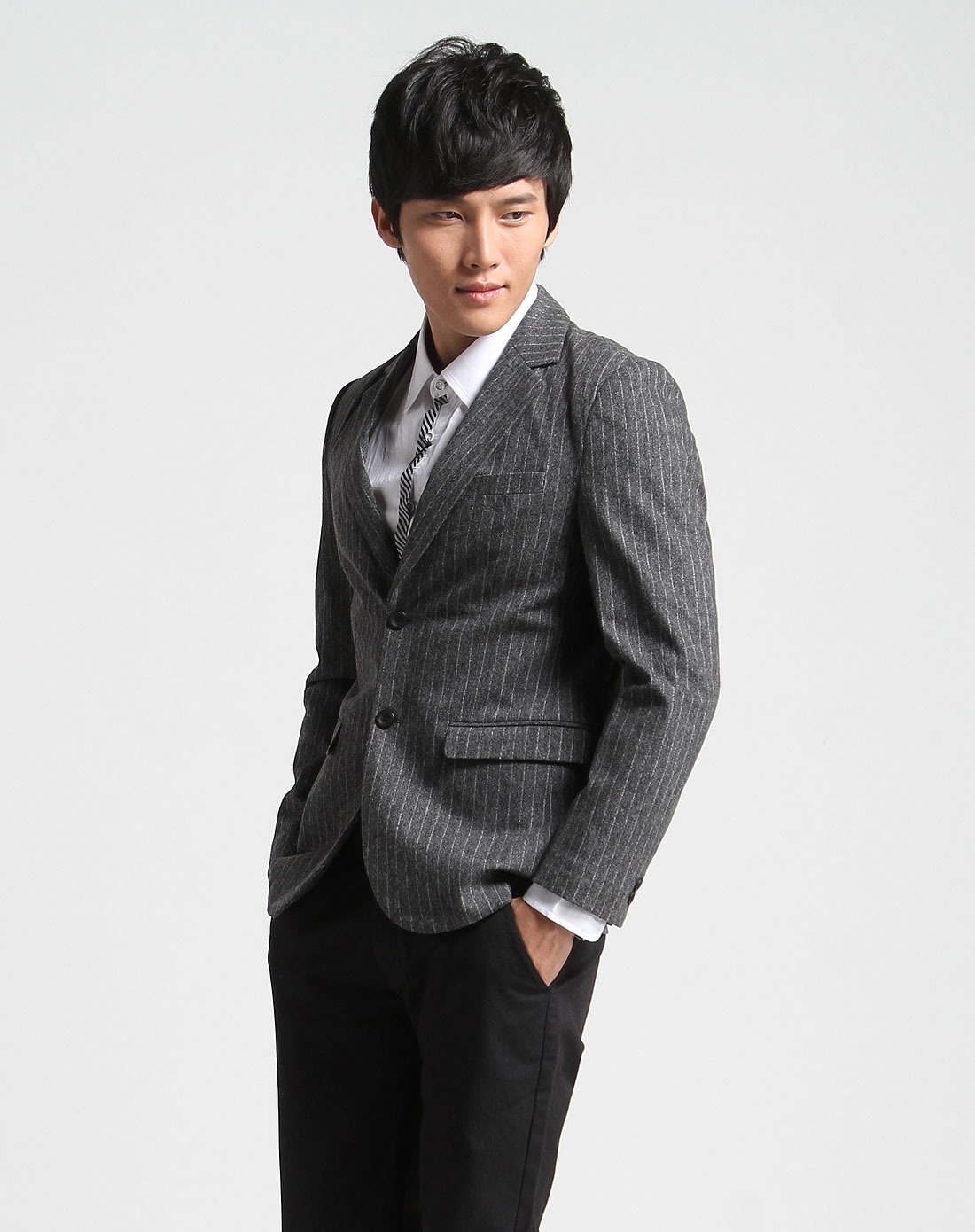 深花灰色帅气条纹长袖西装