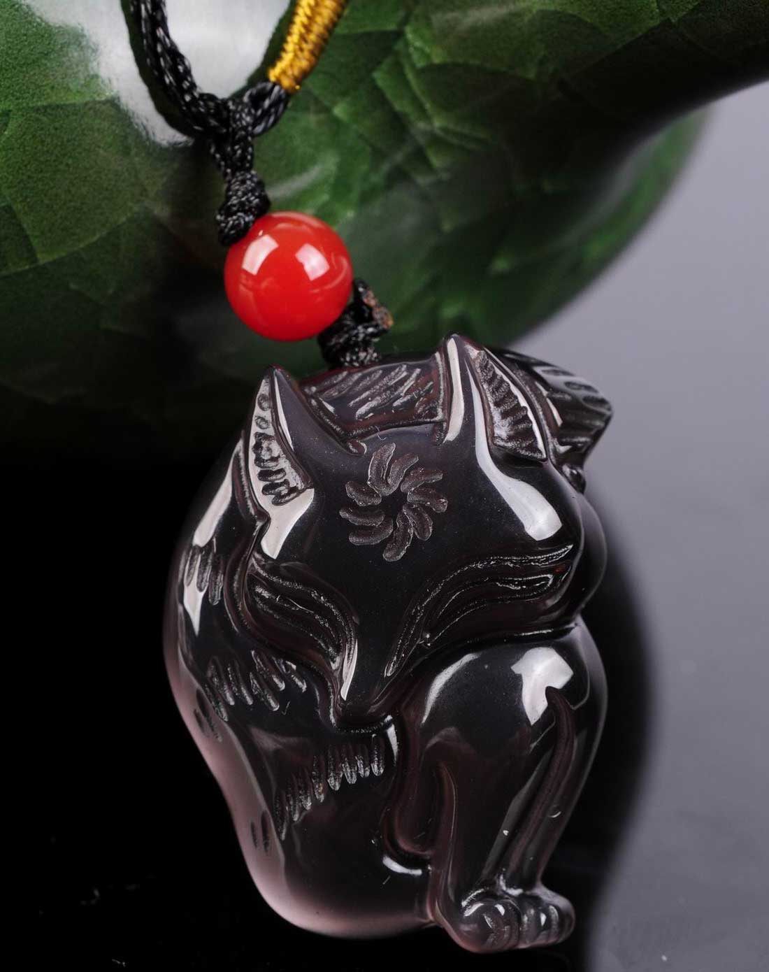 女款黑曜石卡通狐狸时尚吊坠项链附证书