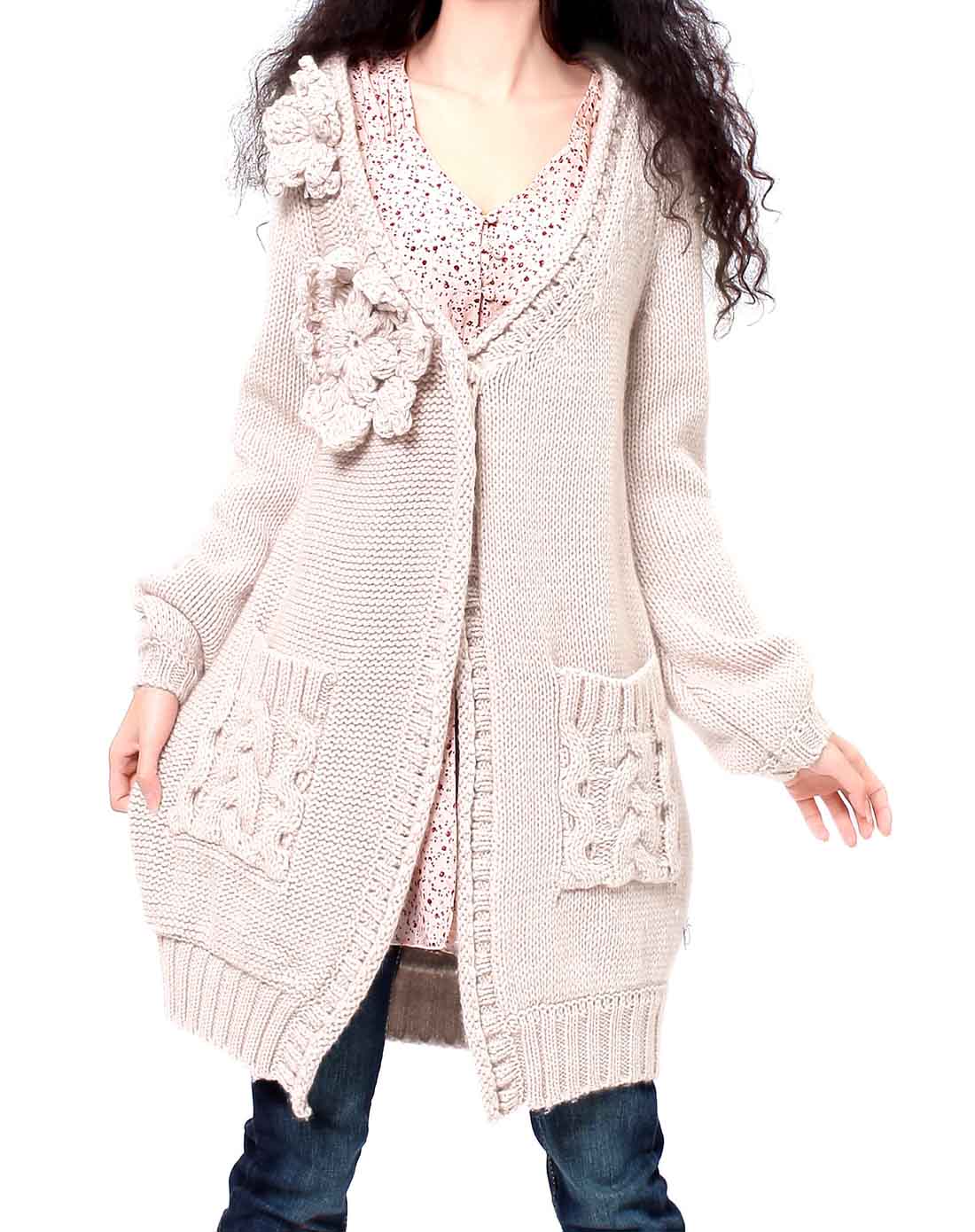 薇安羊毛手工钩花粗棒针毛衣外套