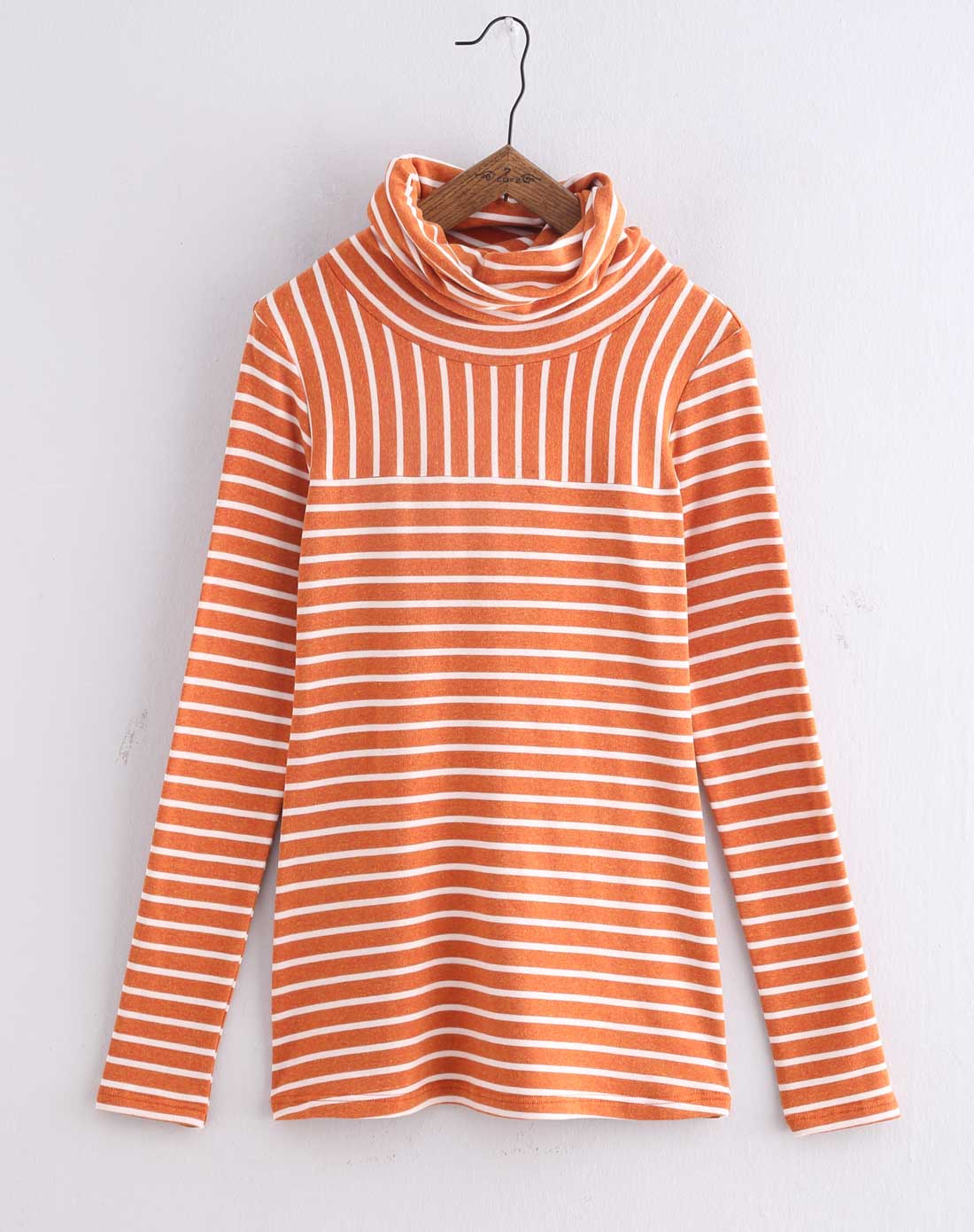 橘/白色高领间条长款长袖t恤