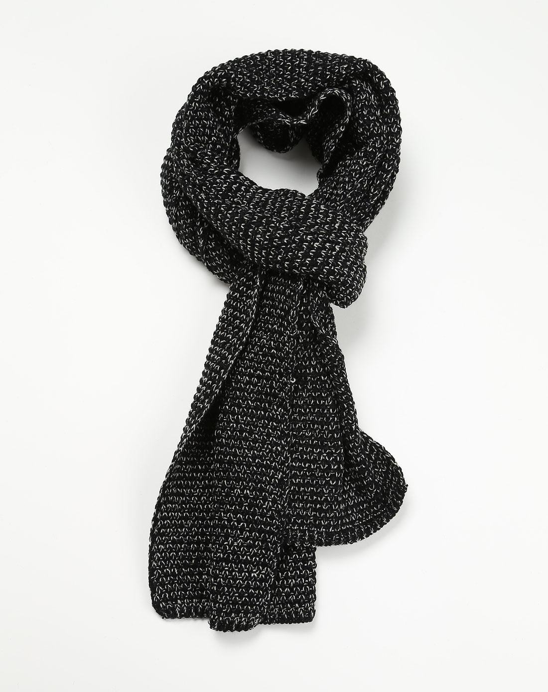 女款黑拼米色粗针毛织围巾