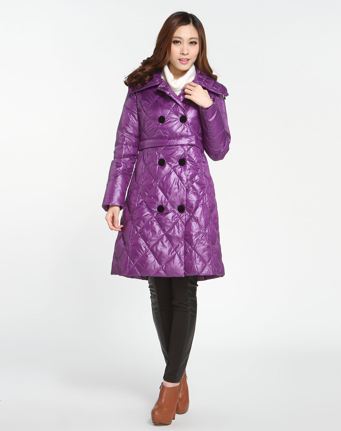 女款紫色简约时髦长袖羽绒服