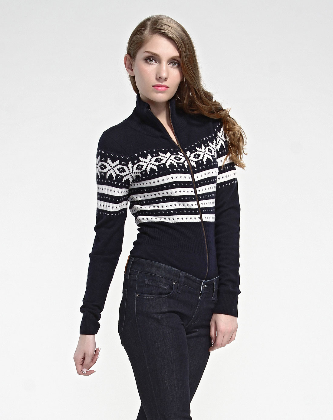 gant 女款深蓝色提花100%羊毛长袖连体毛衣