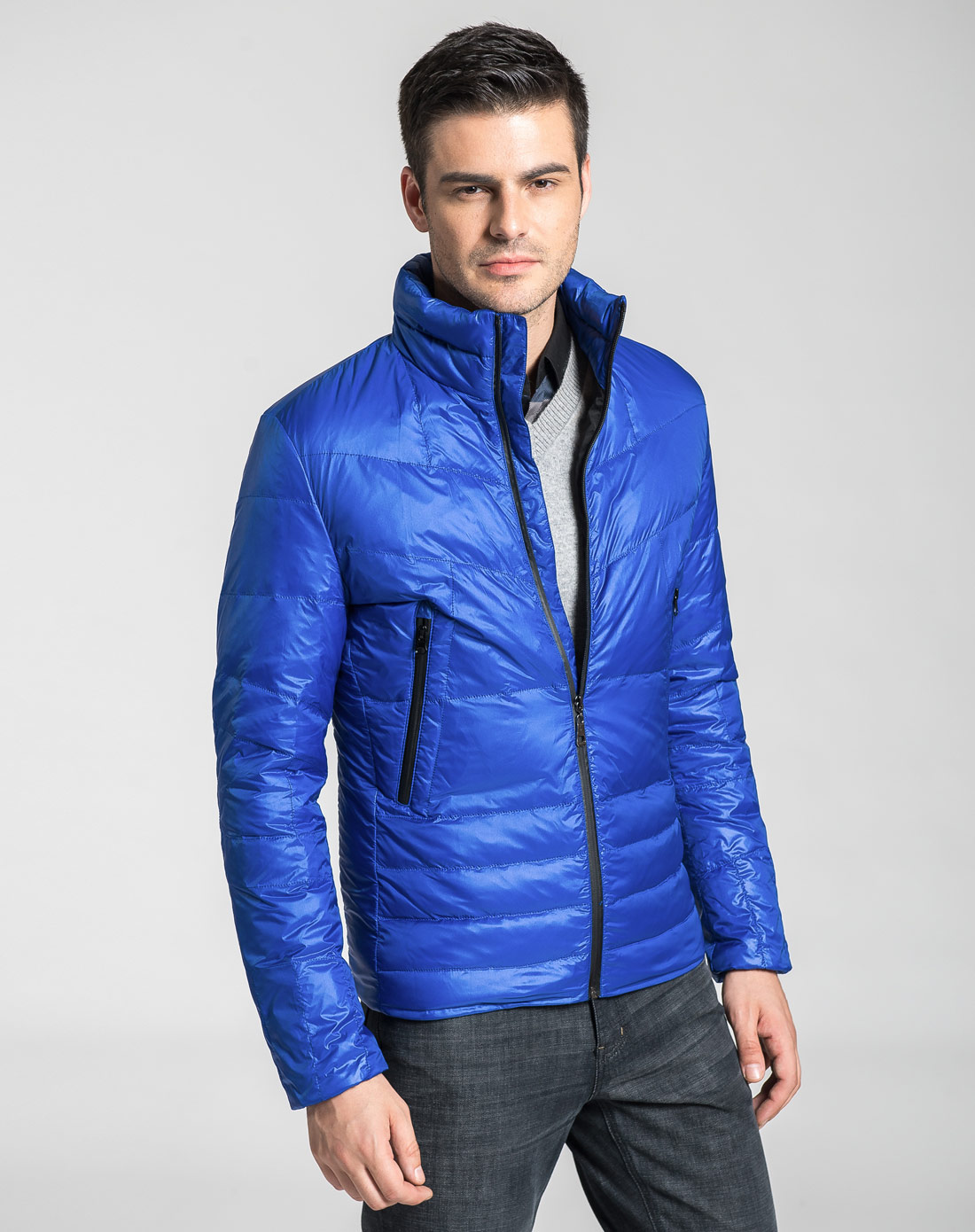 太子龙tedelon 蓝色立领帅气简约长袖羽绒服