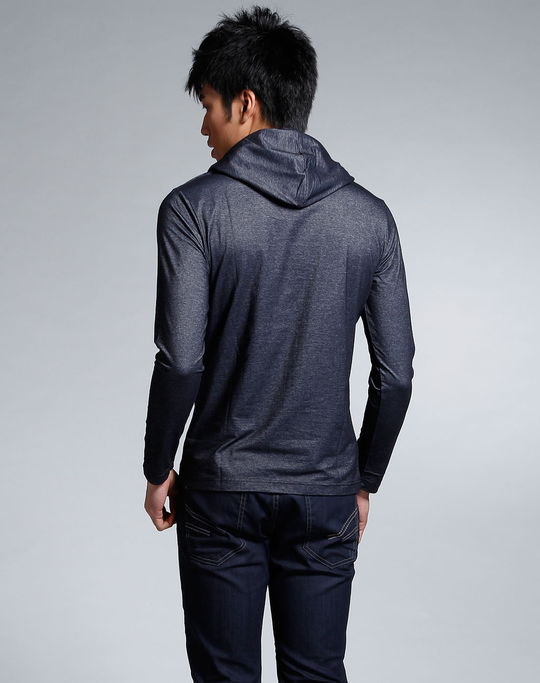 深蓝灰色连帽休闲长袖t恤
