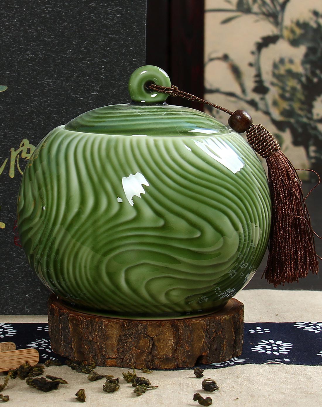 福满若水(绿)青瓷茶叶罐陶瓷罐子