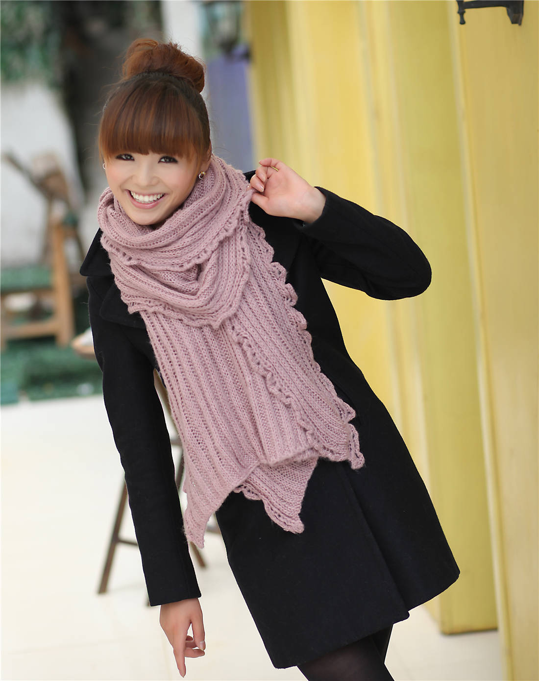 女皮粉韩版荷叶花边围巾