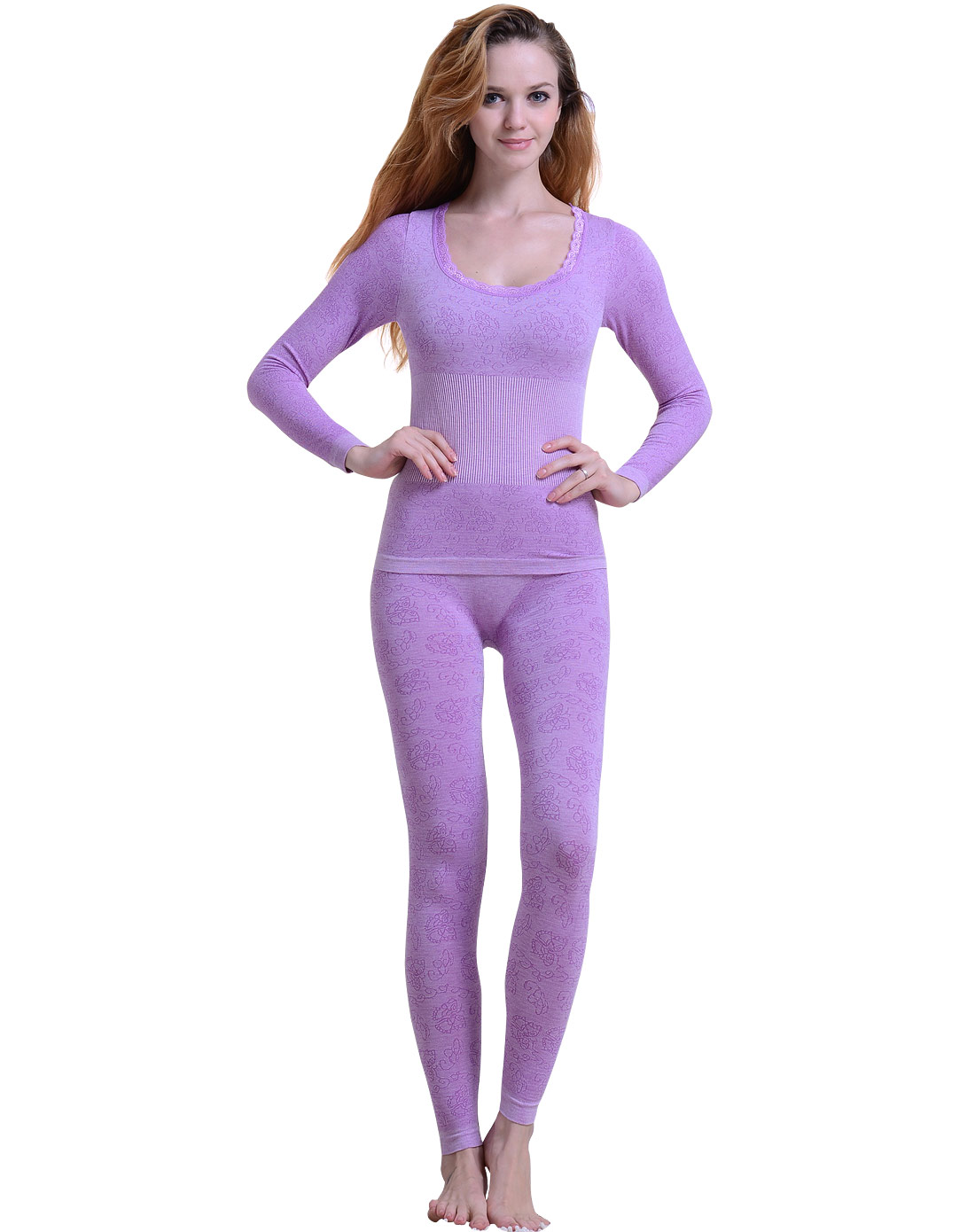 女款浅紫色绣花优雅长袖内衣套装