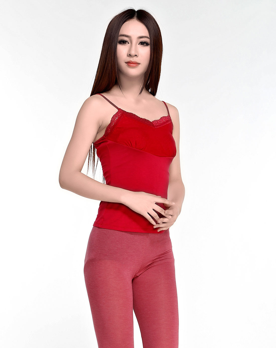 纤丝鸟 女款酒红色靓丽丝柔女士吊带衫